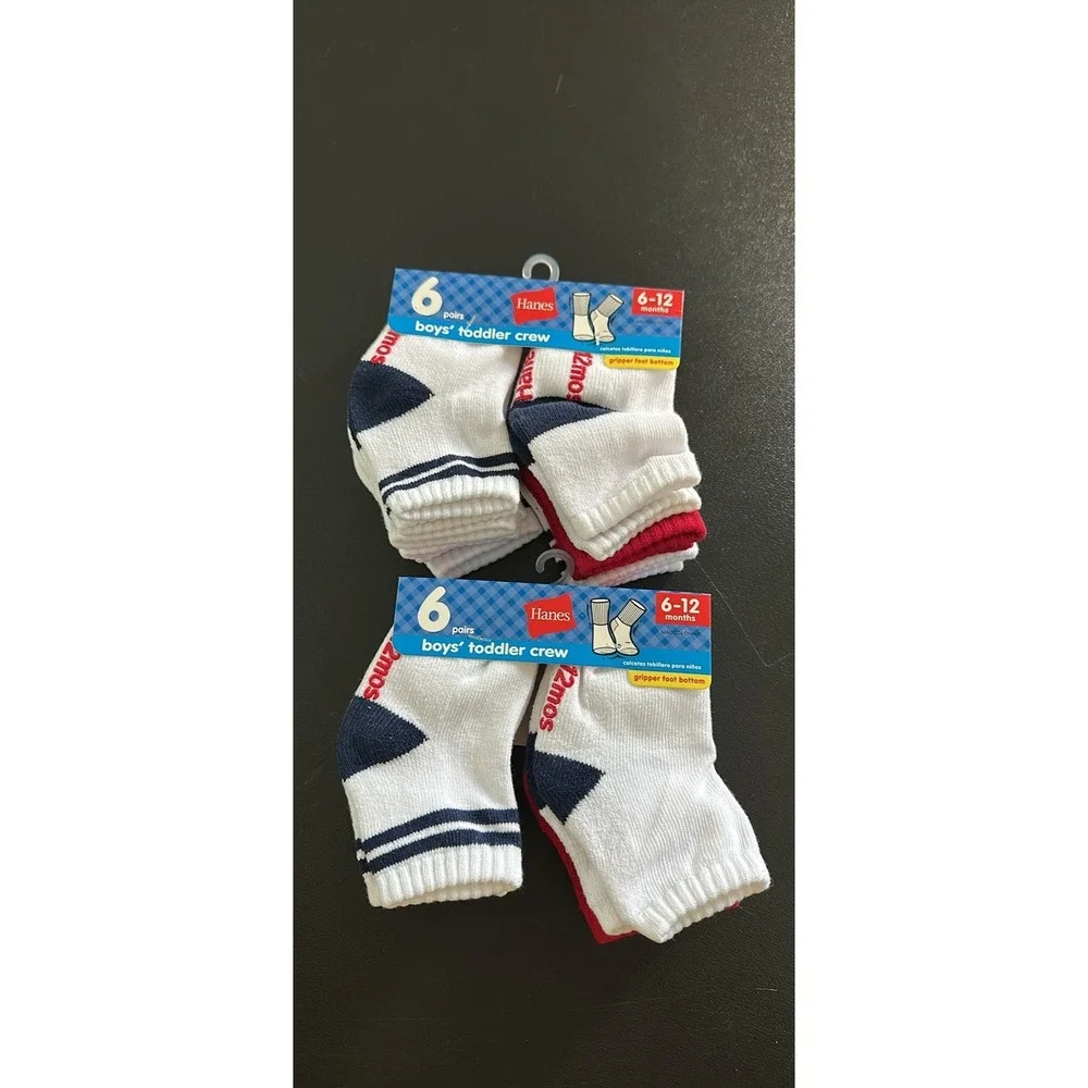 Hanes 6 Pack Boys Toddler Crew Socks 6 12 Months White Red Blue Gripper Bottom